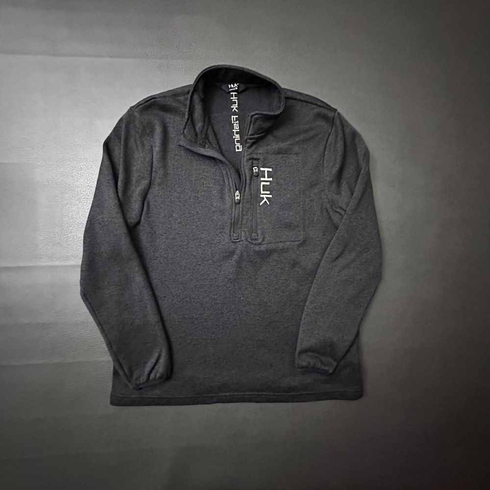 Huk Fishing Sweater Mens Medium Black 1/2 Zip Pullover Pocket Comfort Utility